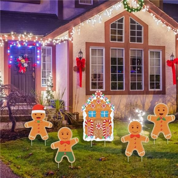 Gingerbread Christmas Decorations Outdoor Yard Signs- 5 Pack Plastic Gingerbread - Picture 4 of 7